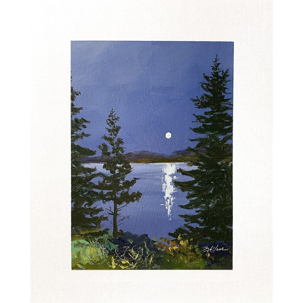8x10 Original Oil Landscape Painting Impressionist Nocturne Moon Pinetree Signed